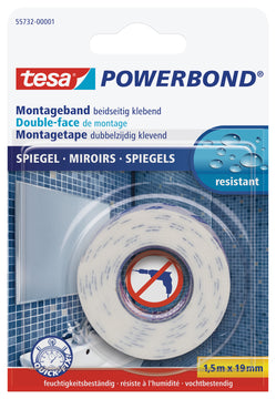 Tesa Powerbond Spiegel Montageband, beidseitig klebend, 19 mm x 1,5 m, weiß