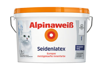 Alpinaweiß Seidenlatex Innenfarbe Wandfarbe, seidenglänzend, 1 l PCR-Gebinde