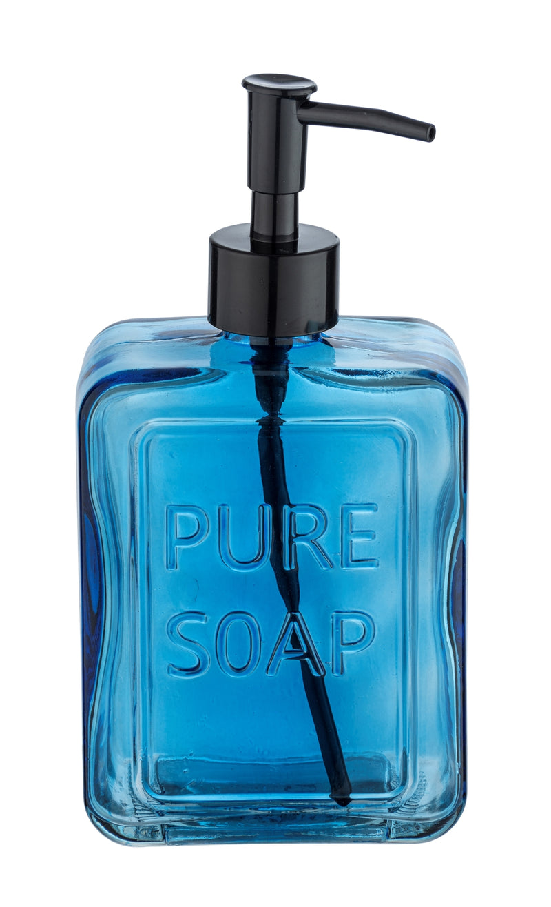 WENKO Pure Soap Seifenspender in Blau aus Glas mit schwarzem Pumpkopf