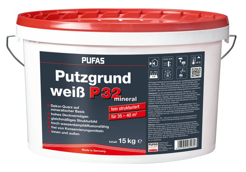 PUFAS Putzgrund Weiß P32, Grundierung für Innen & Außen, 10 l Ovaleimer