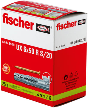fischer Universaldübel UX 6x50 R S/5, Mauerwerksdübel Nylon, 25 Stück