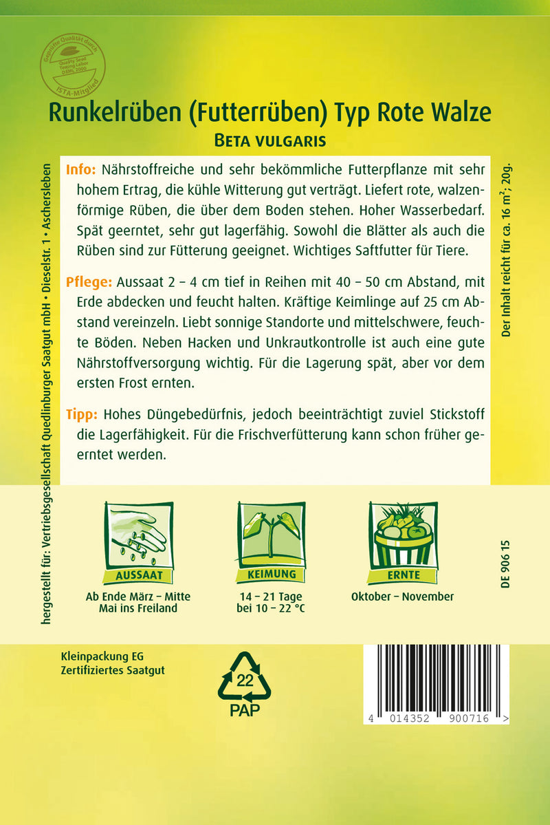 QUEDLINBURGER SAATGUT Futterrübe Typ rote Walze GP 20 g PG 5