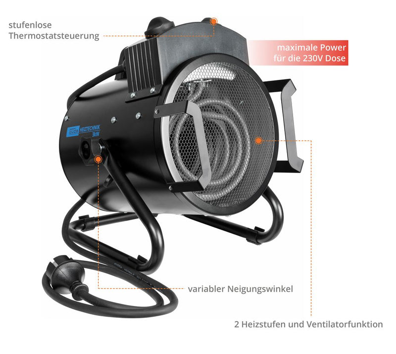Güde Elektroheizer GEH 3000, schwarz – Heizlüfter mit Ventilatorfunktion