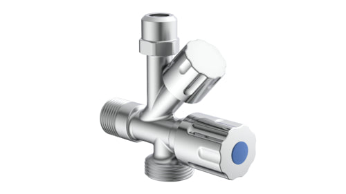 Schütte GA-Eckventil verchromt 3/8" AG x 3/4" AG x 3/8" AG x 10 mm Q (mit Rückflussverhinderer)