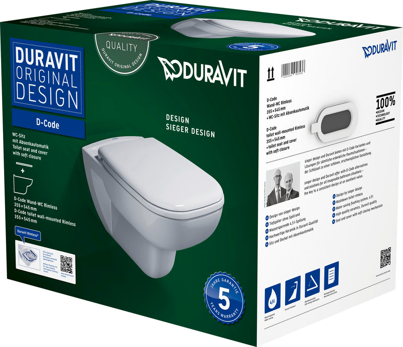 Duravit D-CODE Wand-WC Set Tiefspüler 545 mm weiß spülrandlos glänzend
