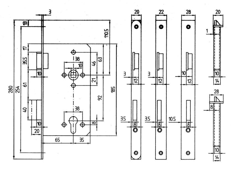 Bever Einbauschloss Einsteckschloss PZ 20 mm D65 kant Silber (Falle)