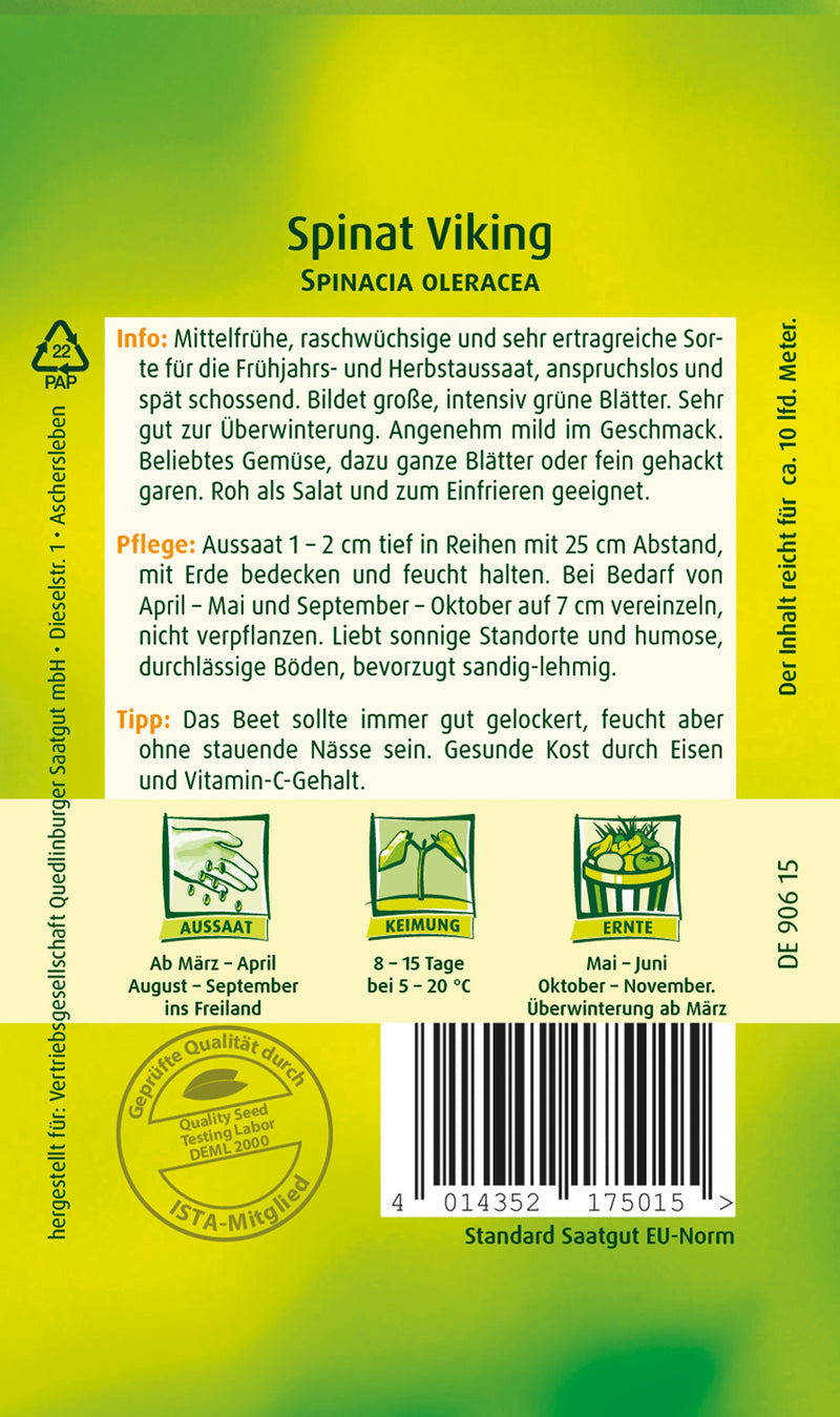 QUEDLINBURGER SAATGUT Spinat Viking PG 3, Gemüsesamen (0,015 kg)