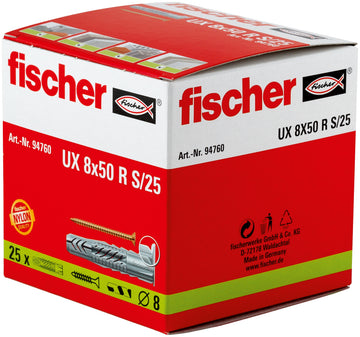 fischer Universaldübel UX 8x50 R S/10, Mauerwerksdübel Nylon, 25 Stück