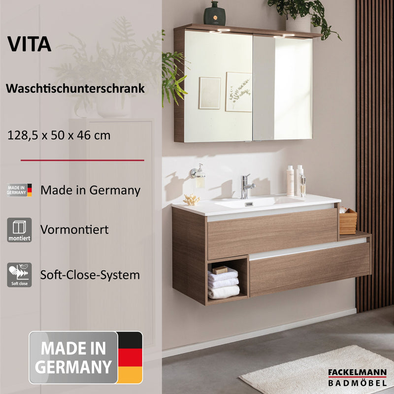 Fackelmann VITA Waschtischunterschrank Griffleiste weiß SummerOak, 130,1 cm