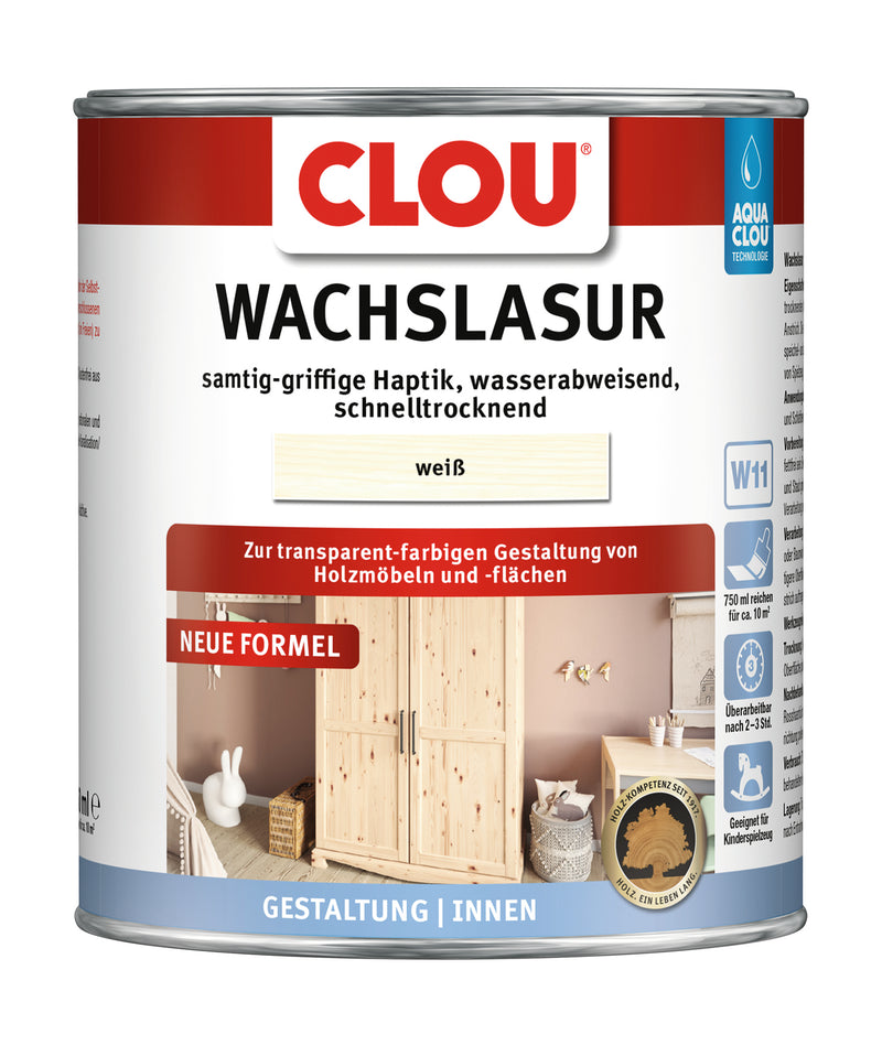 Clou W11 Aqua-Wachslasur Nr. 5 weiß, Lasur 750 ml