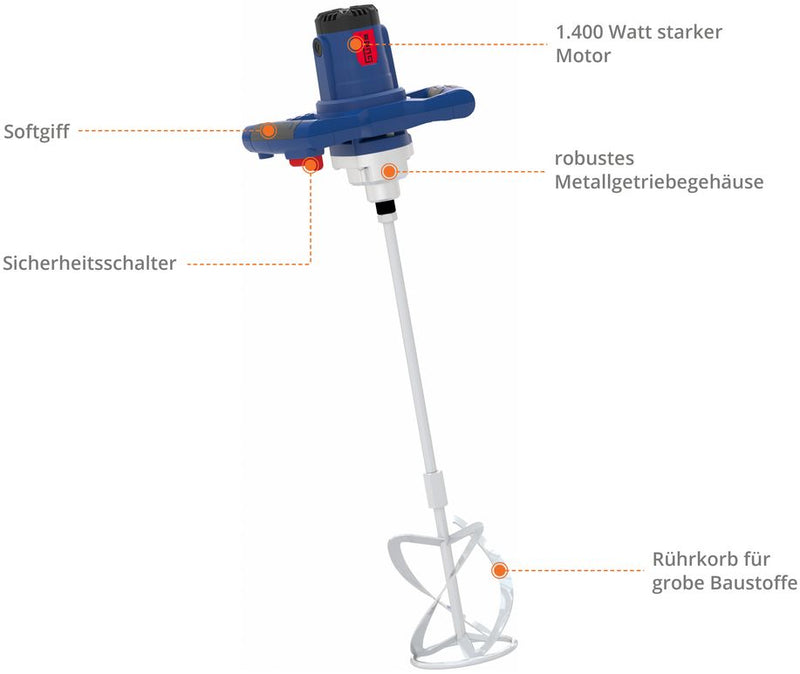 Güde Rührwerk GRW 1414.1 für Mörtel, 1400 W und 65 l Mischvolumen