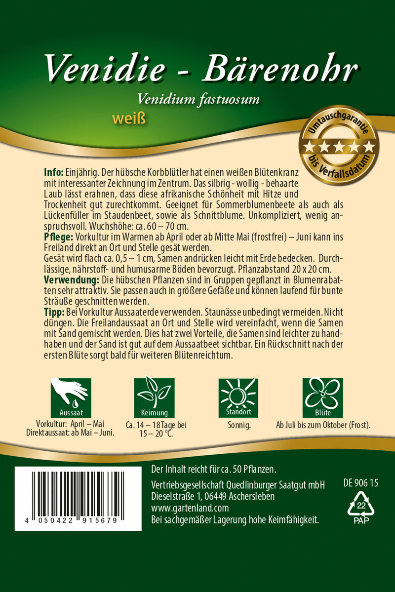 Quedlinburger Saatgut Venidie Weiß Bärenohr (Venidium fastuosum), PG 8