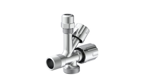 Schütte GA-Eckventil verchromt 3/8" AG x 3/4" AG x 3/8" AG x 10 mm Q (mit Rückflussverhinderer)