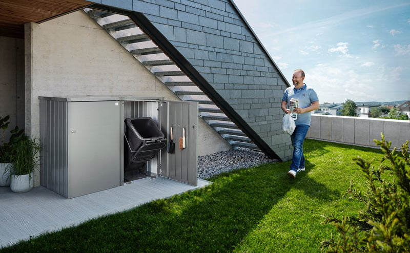 Mülltonnenbox Alex von BIOHORT, Korpus quarzgrau-metallic, mit Tür quarzgrau