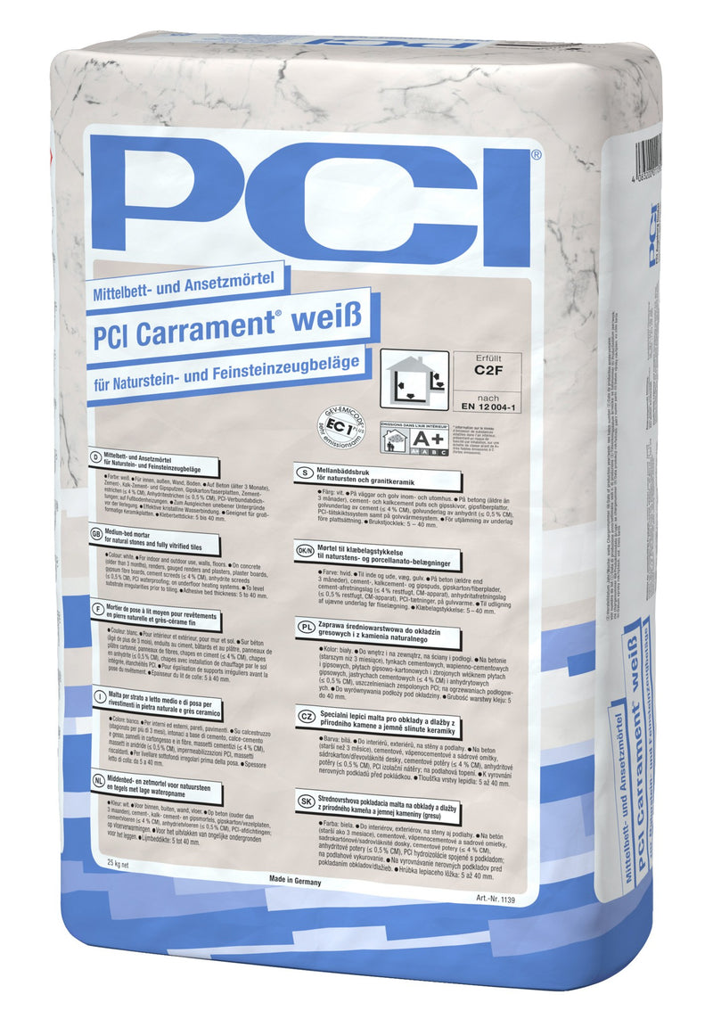 PCI Carrament Mittelbett- und Ansetzmörtel weiß, Natursteinkleber 25 kg