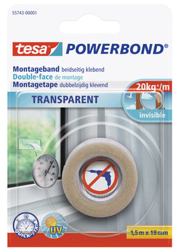 tesa Powerbond TRANSPARENT Montageband beidseitig klebend, transparent (19 mm x 1,5 m)
