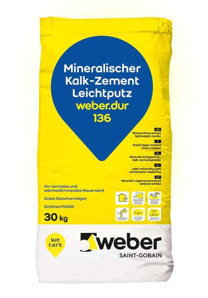 weber.dur 136 Kalk-Zement-Leichtputz 30 kg naturgrau, 1 mm