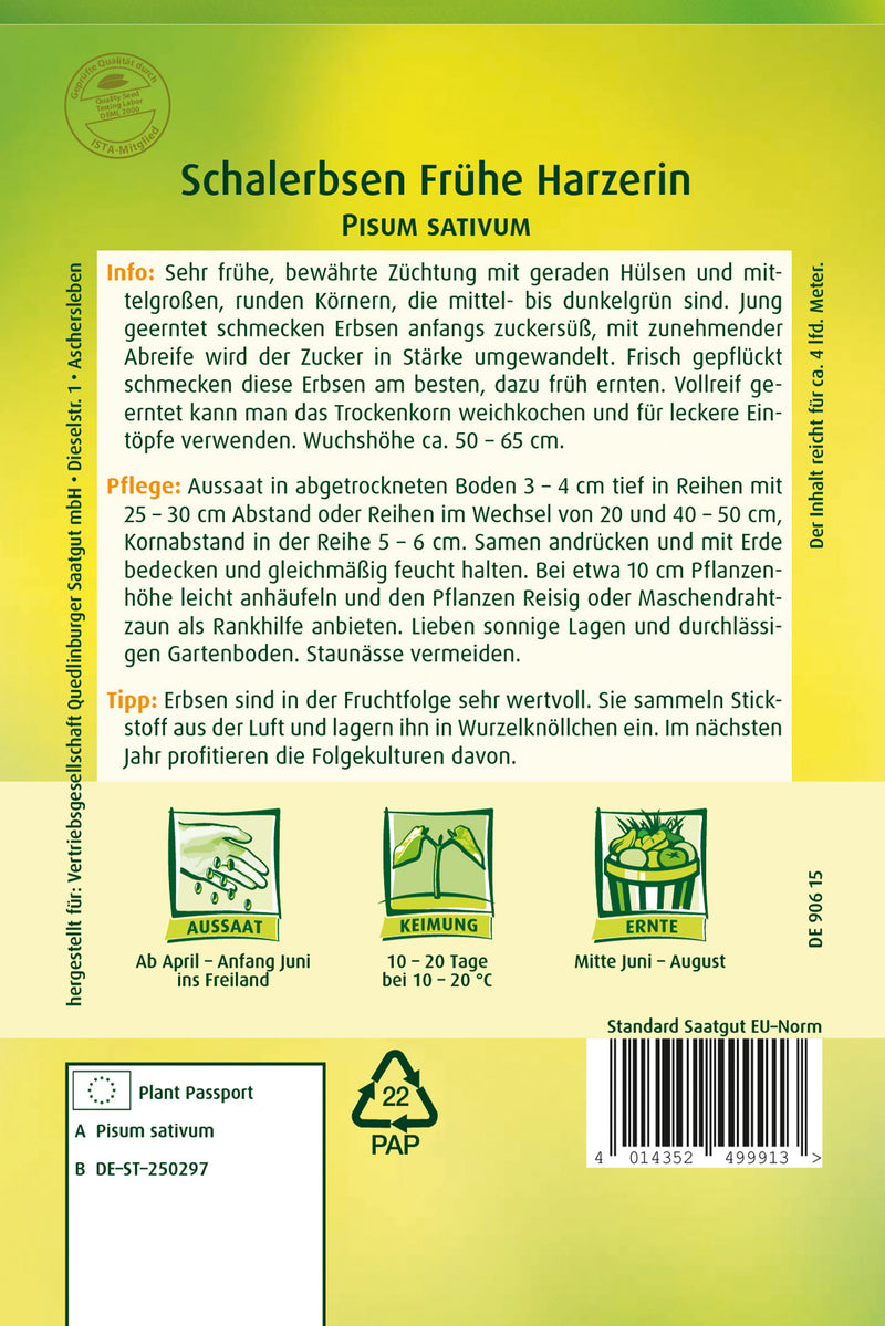 QUEDLINBURGER SAATGUT Schalerbsen Frühe Harzerin PG 4 Saatgut