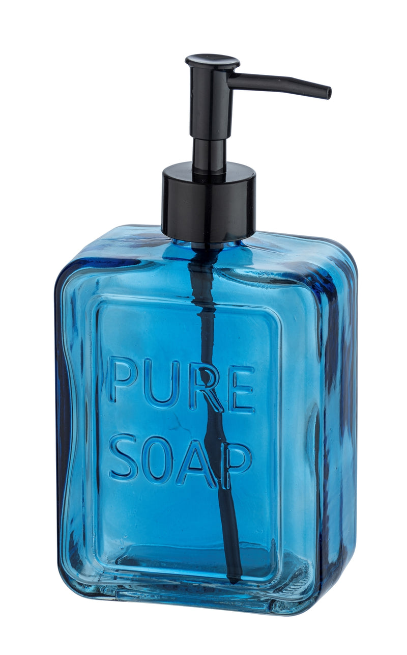 WENKO Pure Soap Seifenspender in Blau aus Glas mit schwarzem Pumpkopf