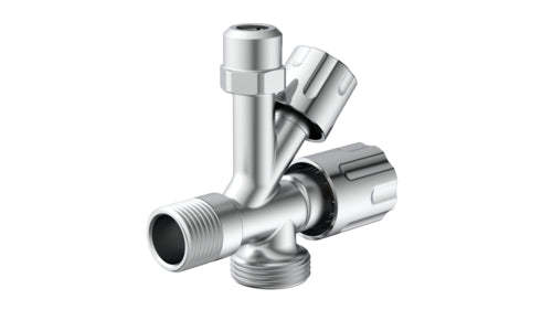 Schütte GA-Eckventil verchromt 3/8" AG x 3/4" AG x 3/8" AG x 10 mm Q (mit Rückflussverhinderer)