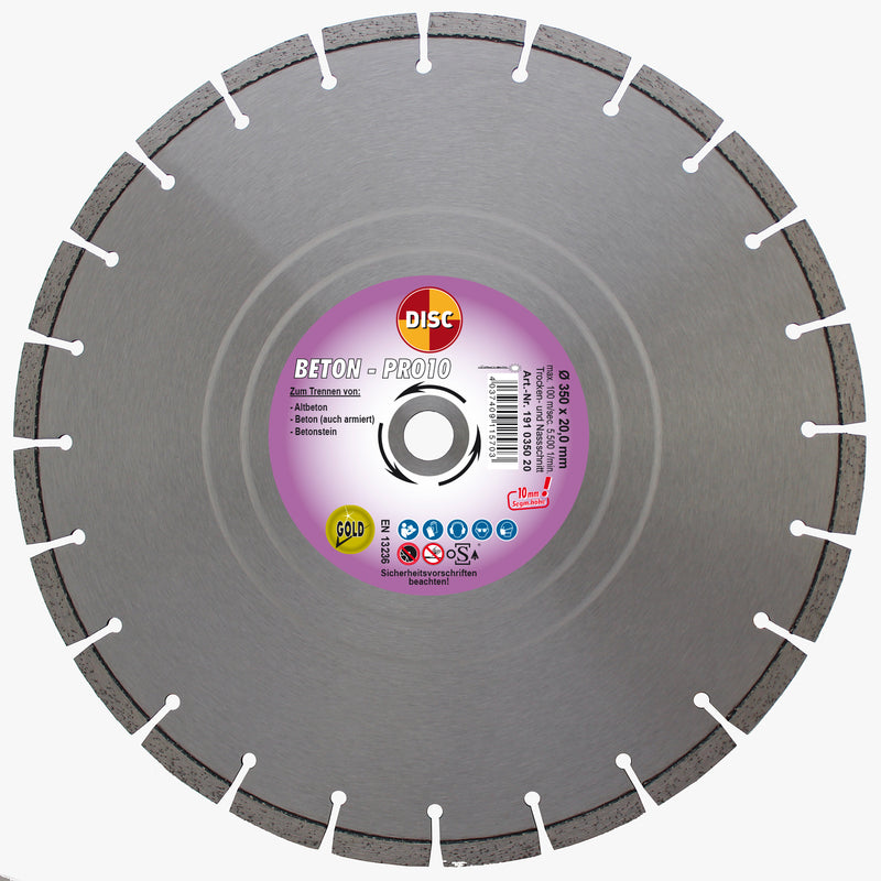 DISC Diamanttrennscheibe Beton Pro10 mit 10 mm hohem Segment, 350 mm