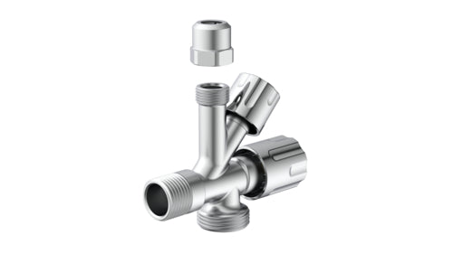 Schütte GA-Eckventil verchromt 3/8" AG x 3/4" AG x 3/8" AG x 10 mm Q (mit Rückflussverhinderer)