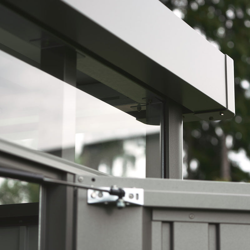 Biohort Gerätehaus HighLine – Detail, Oberlichte Gasdruckfeder, Quarzgrau-metallic