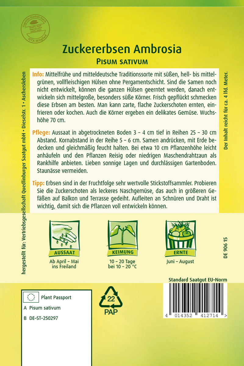 QUEDLINBURGER SAATGUT Zuckererbsen Ambrosia PG 4 Saatgut
