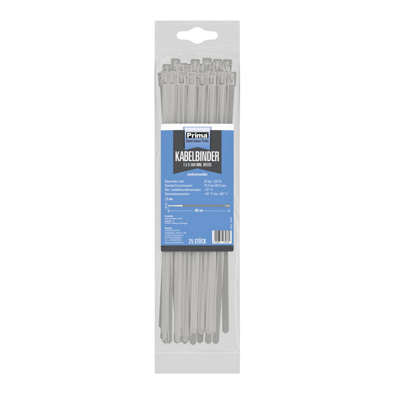 PRIMA Kabelbinder wiederverwendbar weiß, Länge, Breite 7,5 mm (25 Stück)
