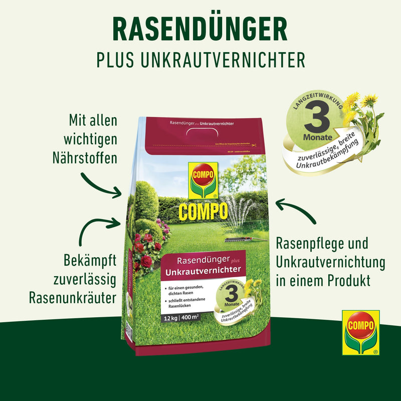 COMPO Rasendünger plus UV mit Unkrautvernichter, für Rasen