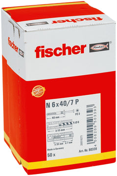 fischer Nageldübel N 6x40/7 P mit Pilzkopf, Nylon, 50 Stück