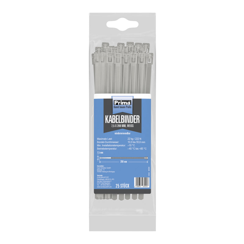 PRIMA Kabelbinder wiederverwendbar weiß, Länge, Breite 7,5 mm (25 Stück)