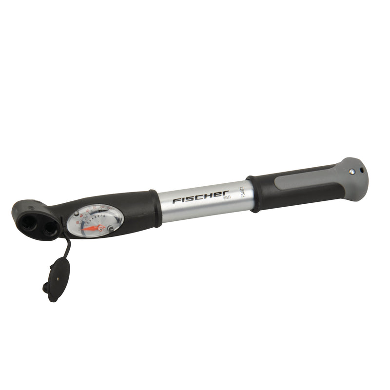 fischer Mini-Luftpumpe mit Manometer – schwarz, mit Doppelhub und Duokopf