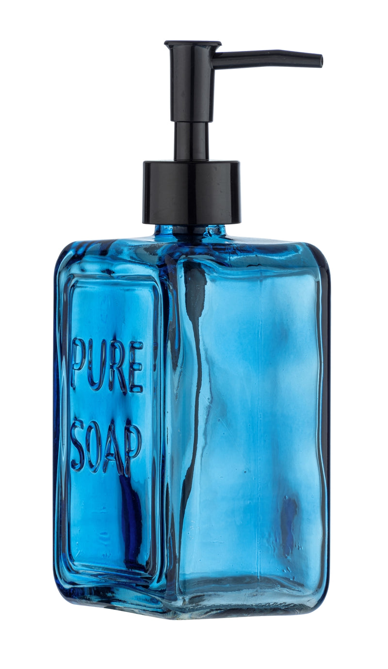 WENKO Pure Soap Seifenspender in Blau aus Glas mit schwarzem Pumpkopf