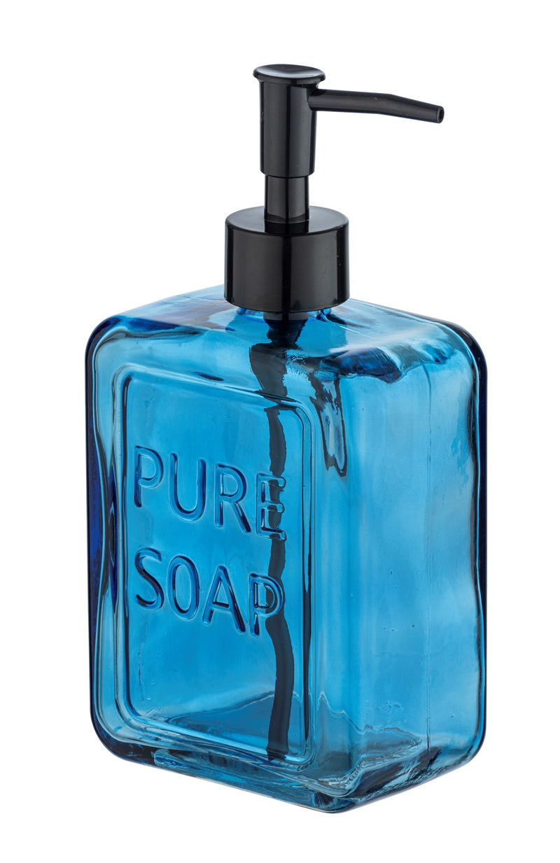 WENKO Pure Soap Seifenspender in Blau aus Glas mit schwarzem Pumpkopf