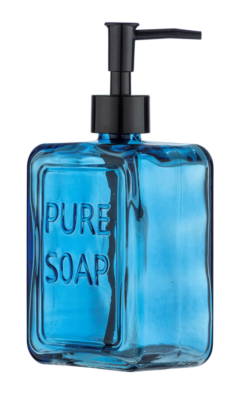 WENKO Pure Soap Seifenspender in Blau aus Glas mit schwarzem Pumpkopf