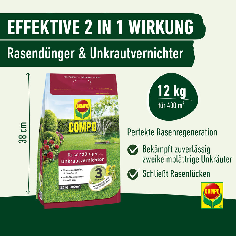 COMPO Rasendünger plus UV mit Unkrautvernichter, für Rasen