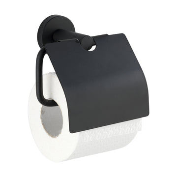 WENKO Bosio Black Toilettenpapierhalter mit Deckel, schwarz mattiert, Edelstahl