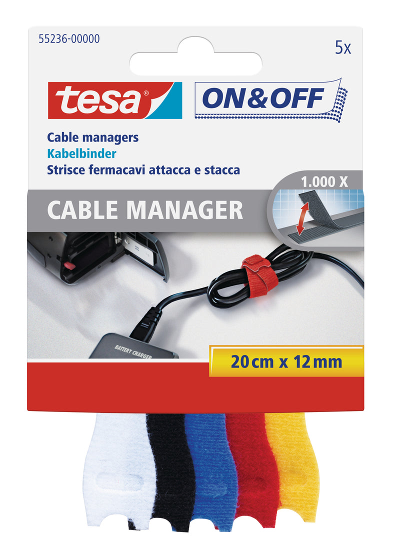 Tesa Cable Manager On&Off Kabelbinder schwarz, 12 mm breit, 20 cm lang (5er)