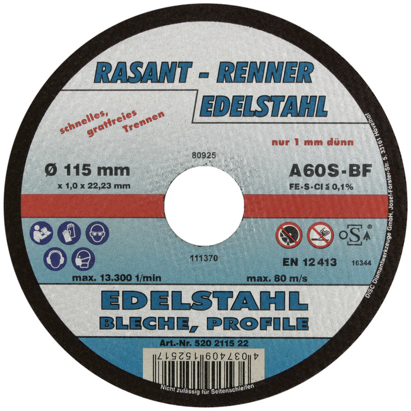DISC RASANT-RENNER Trennscheibe für Edelstahl 115 x 1,0 mm (10 Stk)
