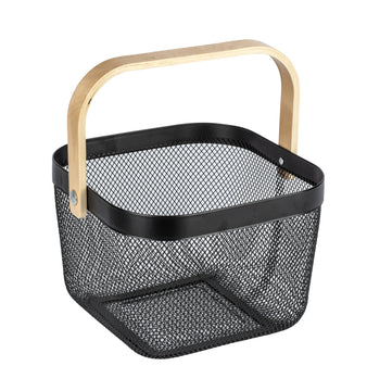 WENKO Bambusa Badkorb mit Griff schwarz, Stahlkorb mit Bambus-Griff 25 x 17 cm