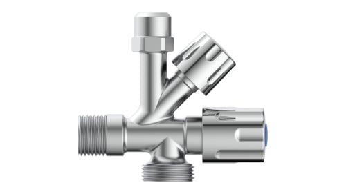 Schütte GA-Eckventil verchromt 3/8" AG x 3/4" AG x 3/8" AG x 10 mm Q (mit Rückflussverhinderer)