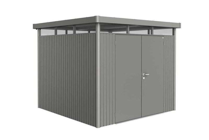 Biohort Gerätehaus HighLine – Ausführung Hargassner H4 (275 × 275 × 222 cm) Quarzgrau-metallic Doppeltür