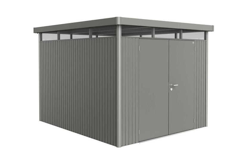 Biohort Gerätehaus HighLine – Ausführung Hargassner H5 (275 × 315 × 222 cm) Quarzgrau-metallic Doppeltür