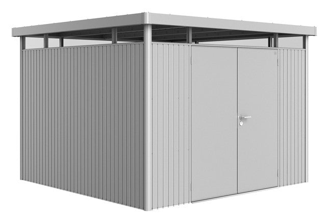 Biohort Gerätehaus HighLine – Ausführung Hargassner H6 (314,3 × 314,3 × 222 cm) Silber-metallic Doppeltür
