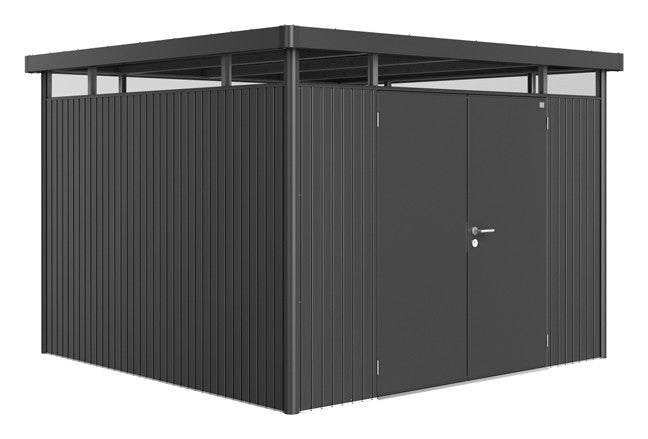 Biohort Gerätehaus HighLine – Ausführung Hargassner H6 (314,3 × 314,3 × 222 cm) Dunkelgrau-metallic Doppeltür