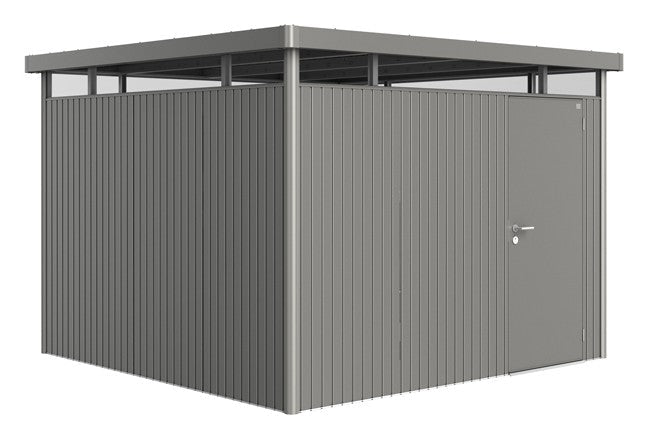 Biohort Gerätehaus HighLine – Ausführung Hargassner H6 (314,3 × 314,3 × 222 cm) Quarzgrau-metallic Standardtür