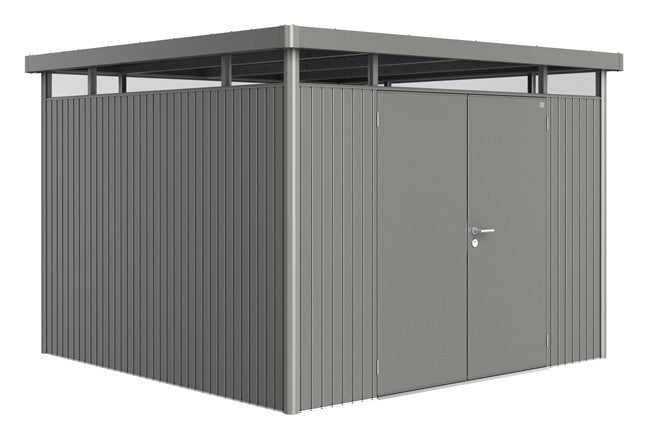 Biohort Gerätehaus HighLine – Ausführung Hargassner H6 (314,3 × 314,3 × 222 cm) Quarzgrau-metallic Doppeltür