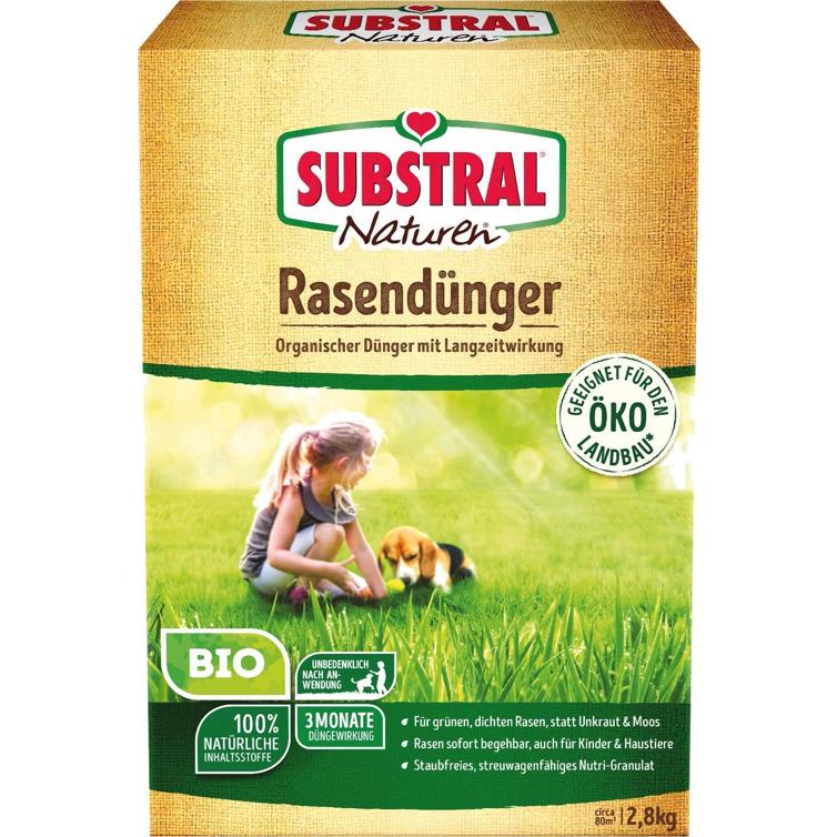 Substral Naturen Bio Rasendünger, organischer Volldünger, 3 Monate Langzeitwirkung, alle Rasenarten, bis zu 80 m², 2,8kg
